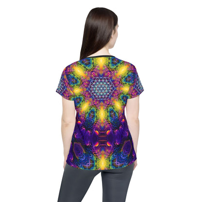 Women's sport tee in the DMandalaT psychedelic mandala all-over print design, front view.