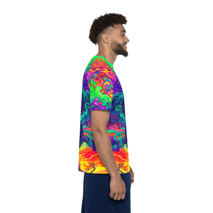 Corner detail of the Mush Tree So Color print near the hem of the sport tee.