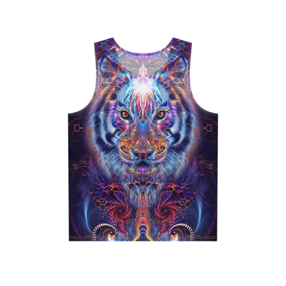 Front view of the Empurrress men's tank top showing the full psychedelic cat print.