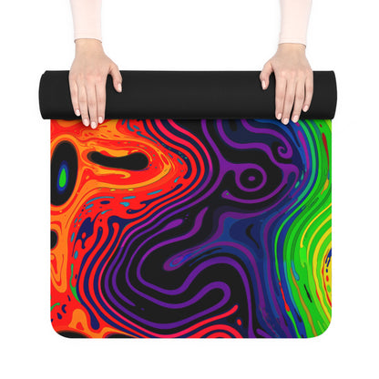 Corner view of the Neon Spill yoga mat showing the rubber non-slip bottom