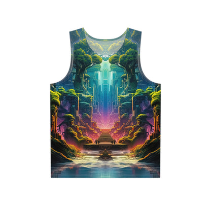Flat lay of the Remnant print men's tank top showing the full all-over design.