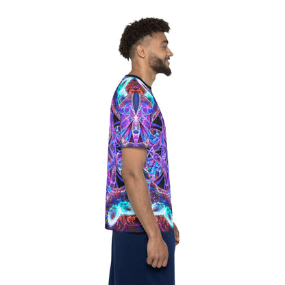 Side angle of the "Flower of Life Mandala" men's sport tee highlighting the print pattern.