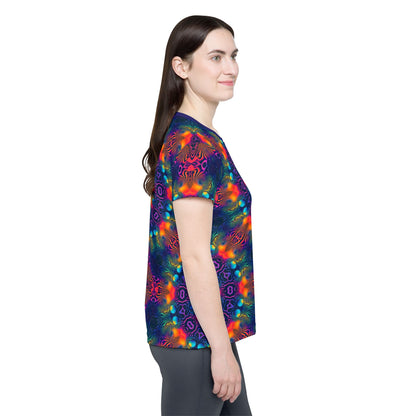 Side view of the Cosmic Fingerprint V3 women's sport tee on a flat surface.