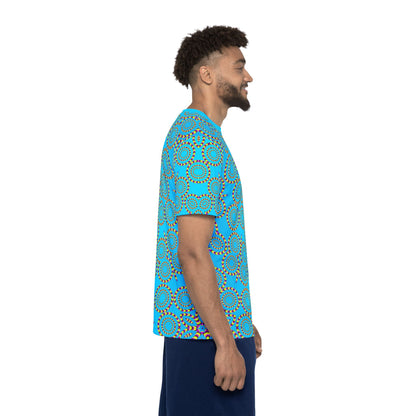 Flat lay of the Loco Motion sport tee showing the full all-over print layout.