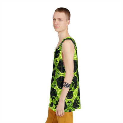 Close-up of the neckline and seam on the Geocomb men's tank top.