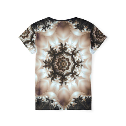 Women's sport tee in the Duality psychedelic mandala all-over print design, close-up of the print.