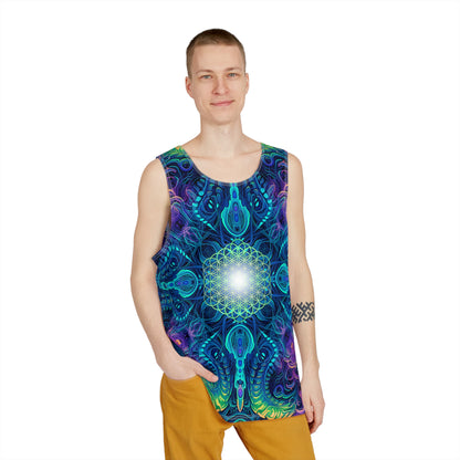 Close-up of the 'Belladonna V2 (Square)' print detail on a men's tank top, showing color and texture.
