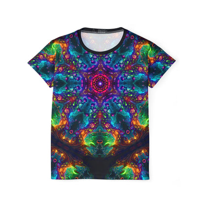 Front view of the Fungus Amongus Mandala print on the women's sport tee.