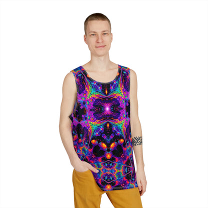 Nebulizer Core men's tank top shown at an angle to highlight the artwork.