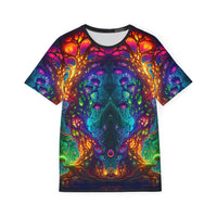 Front flat lay of a Fungus Amongus men's sport tee with a mirrored mushroom and tree print in red, purple, and teal.
