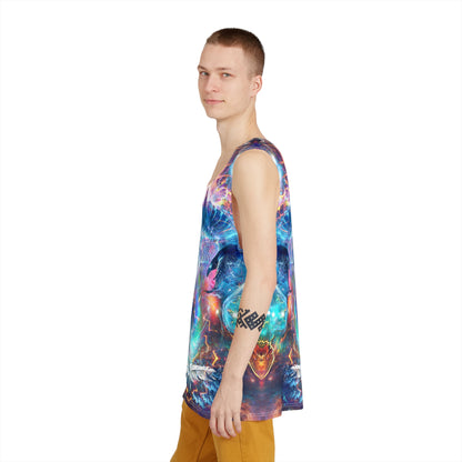 Another angle of the Soul Seeker men's tank top showing the print.