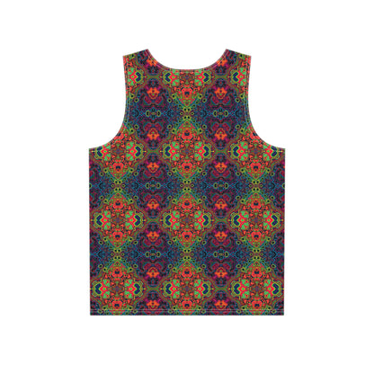 Close-up of the Shipibo Psyy Pattern print on the men's tank top fabric.