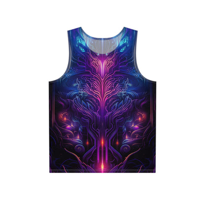 Front view of the Midnight Spell men's tank top showing the dark mystical print at the hem.