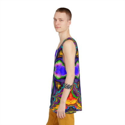 Another angle of the Stillpoint men's tank top highlighting the print colors.