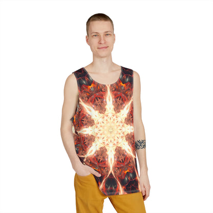 Flat lay of the men's tank top featuring the full 'Muladhara' graphic design.