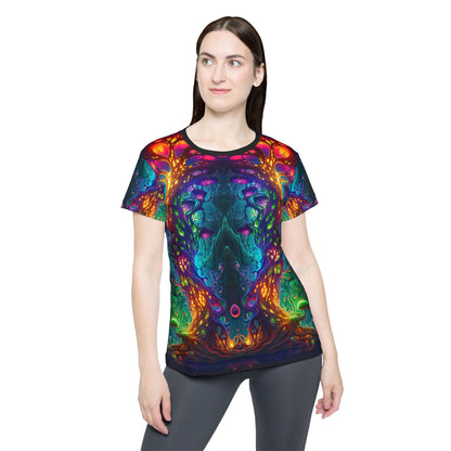 Side view of the Fungus Amongus print on the women's sport tee.