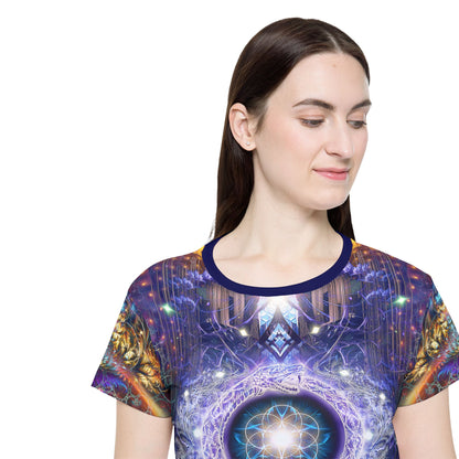 Full pattern view of the "Immortal Truth" print women's sport tee.