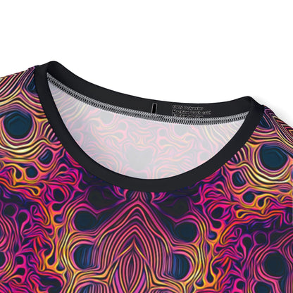 Angled view of the men's sport tee highlighting the "Fractaleon" design colors.