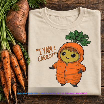 I Yam A Carrot t-shirt: mockup preview, not a photo of the finished product