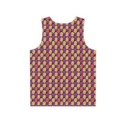 Close-up of the Purple Melting Smiley artwork on tank top fabric