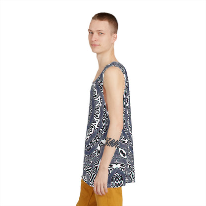 Side view of the Wildcat Mandala white men's tank top on a model.
