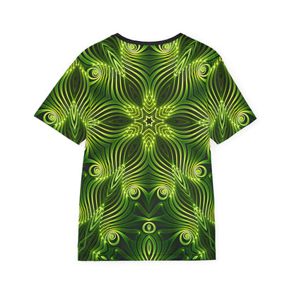Close-up of the "Green Lattice" print on the men's sport tee fabric.