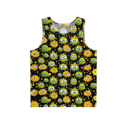 Flat lay of the 'Don't Feed After Midnight' men's tank top showing the full psychedelic print.