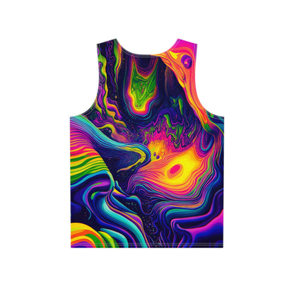 Close-up of the print detail on the 'Dimension 1111' men's tank top.