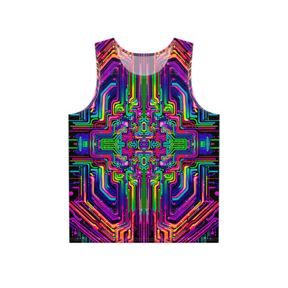 Flat lay of the Rave Nexus print men's tank top showing the full all-over design.