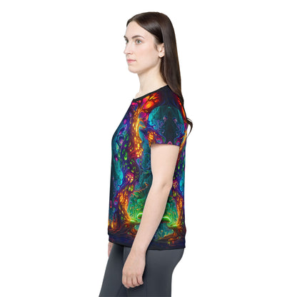 Flat lay of the women's sport tee showing the Fungus Amongus print.