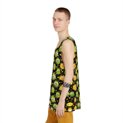 Overhead view of the 'Don't Feed After Midnight' men's tank top laid flat.