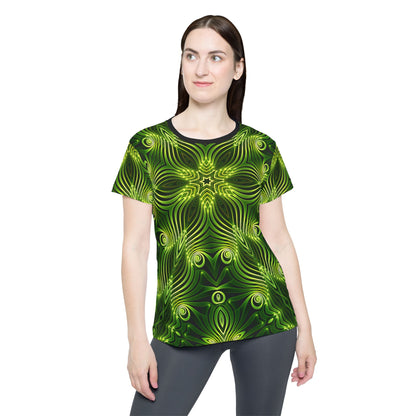 Angled view of the "Green Lattice" print women's sport tee.