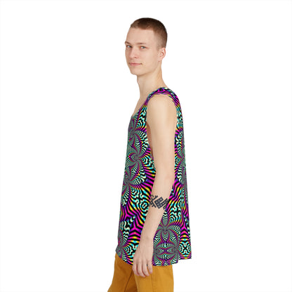 Corner view of the purple Zibrus Maximus tank top highlighting the print colors.