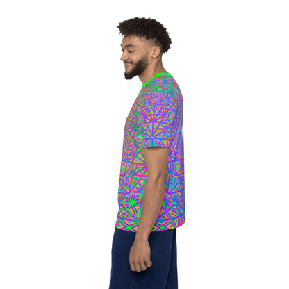 Side angle of the "Flower of Tron" men's sport tee highlighting the print pattern.