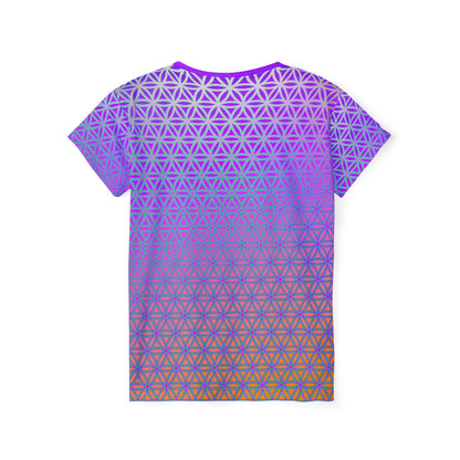 Women's sport tee in the Flower de Life V2 sacred geometry all-over print design, close-up of the print.