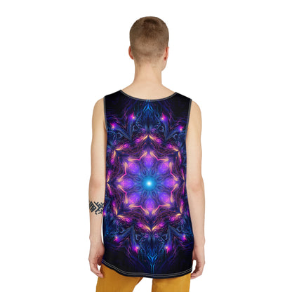 Folded view of the 'Twilight Glow Mandala' men's tank top on a plain background.