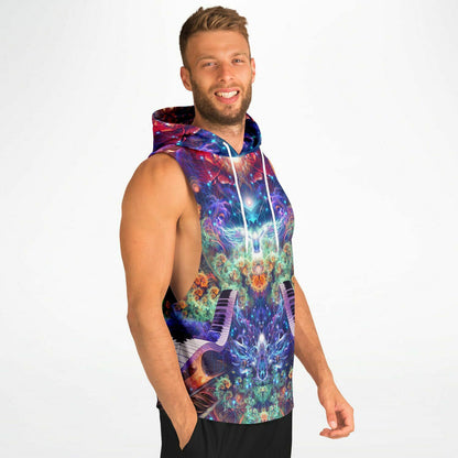 Model wearing the “Magnus Opum” sleeveless hoodie from the side, showing the drop armhole cut.