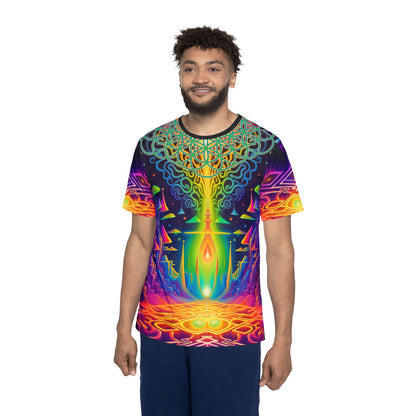 Side angle of the Maze of Life sport tee showing the classic jersey fit.