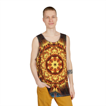 Close-up of the 'Totem Sun' print detail on the men's tank top fabric.