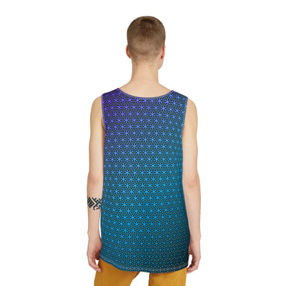Angled view of the 'Blue Flower of Life Pattern' men's tank top, showing the fit and drape of the fabric.