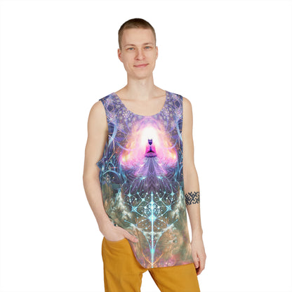 Close-up of the print detail on The Alchemist's Breath men's tank top's fabric.