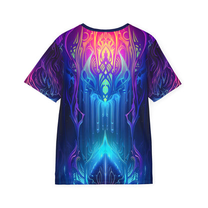 Angled view of the Midnight Spell men's sport tee highlighting the print pattern.