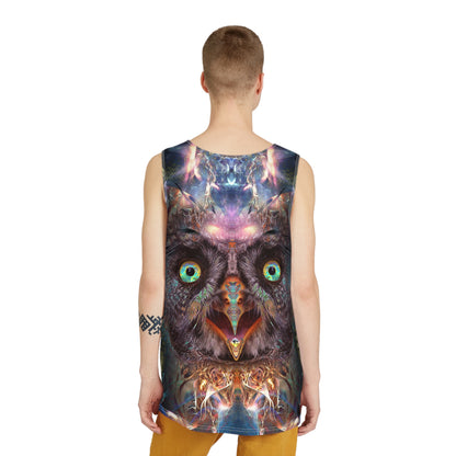 Back view of the Complete Awareness men's tank top with its visionary art print.