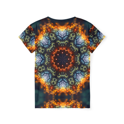 Back view of the Fractal Flower Mandala print on the women's sport tee.