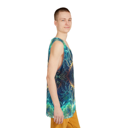 Men's tank top with the 'Blossom Flip' print viewed from above.