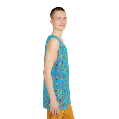 Flat lay of the Loco Motion men's tank top laid out to show the full print.