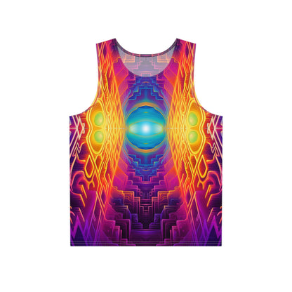 Close-up detail of the 'Maze of Life V3' psychedelic print on this men's tank top.