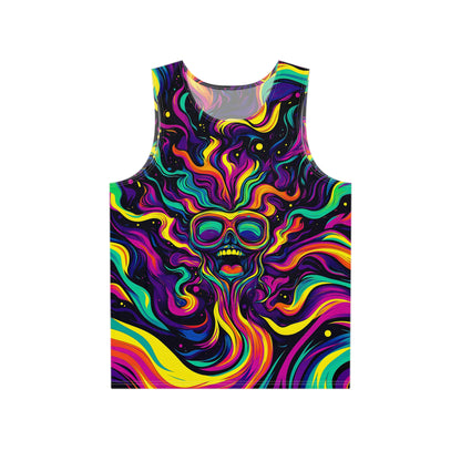 Flat lay of a men's tank top printed with the Tastes Like Snozzberries design.
