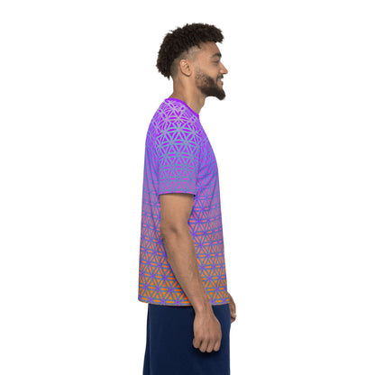 Men's sport tee in the Flower de Life V2 sacred geometry all-over print design, laid flat.