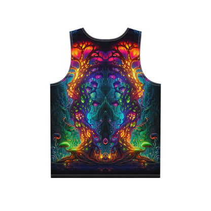 Close-up of the Fungus Amongus graphic printed on the tank top fabric.